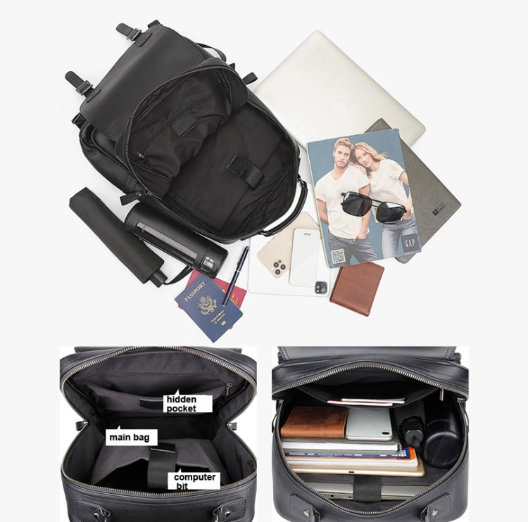 Casual Business Cowhide Leather Backpack Laptop Bag For Men(Black)