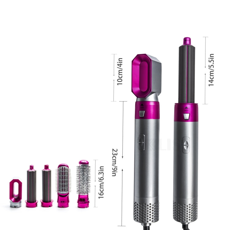 5-in-1 Hot-air Comb Automatic Straightening Dual-purpose Hair Dryer Silver+Rose Red(US Plug)