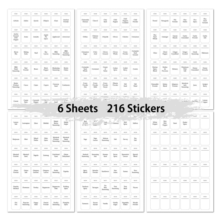 216 PCS Spice Jar Label Stickers Water-resistant Oil Proof Kitchen Spice Jar Label(6 Sheets / set)