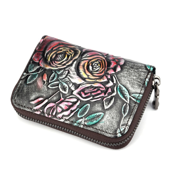 Zip Multi-card Hand-painted Organ Leather Card Holder(Silver)