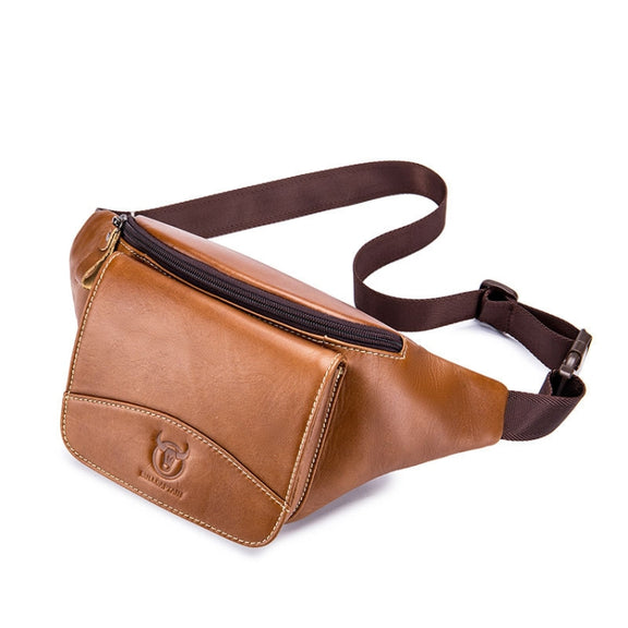 BULL CAPTAIN Cowhide Waist Bag Large Capacity Multifunctional Wallet For Men(Yellow Brown)
