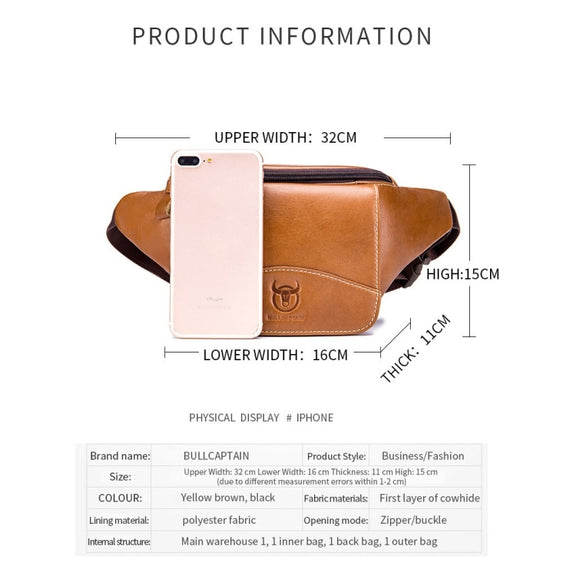 BULL CAPTAIN Cowhide Waist Bag Large Capacity Multifunctional Wallet For Men(Black)