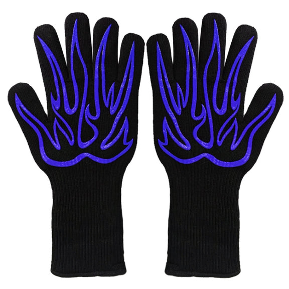 1 Pair High Temperature Resistant Silicone BBQ Gloves  Anti-Scalding Gloves(Big Flame Blue)