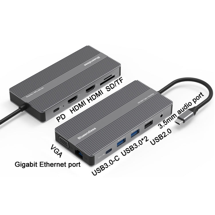 Blueendless Type-C+USB 3.0/2.0+VGA+3.5mm Audio Interface HUB(12 in 1)
