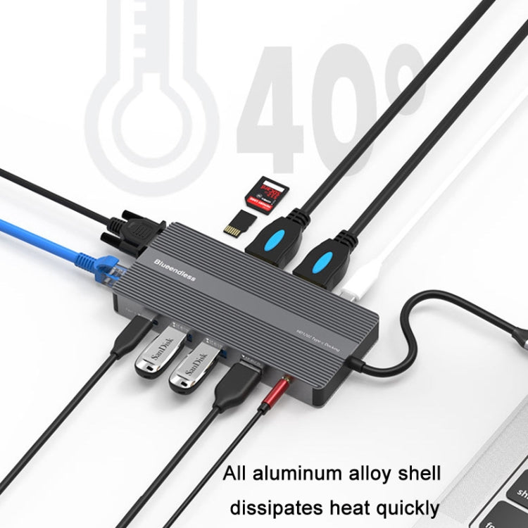 Blueendless Type-C+USB 3.0/2.0+VGA+3.5mm Audio Interface HUB(12 in 1)