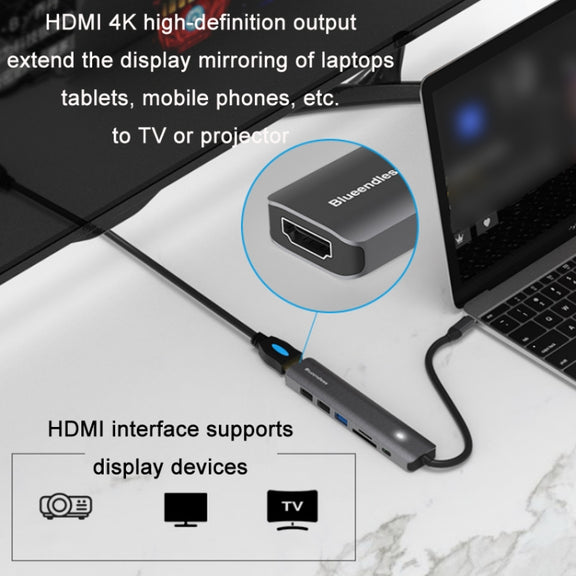 Blueendless Type-C+USB 3.0/2.0+HDMI4K HUB, Specification: 7 in 1