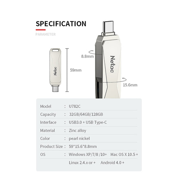 Netac U782C Type-C Dual Interface High-Speed Metal Computer USB Flash Drive, Capacity: 128GB