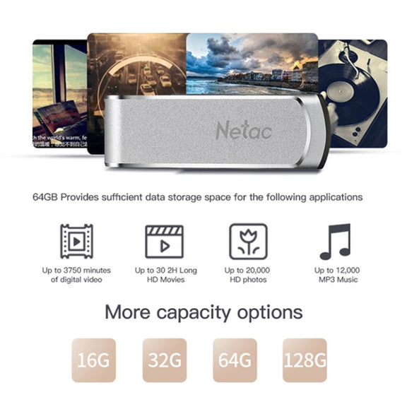 Netac U388 High Speed USB3.0 Metal Rotating Car Computer U Disk, Capacity: 128GB