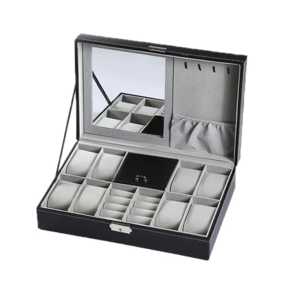 8-Bit Watch Display Storage Box Necklace Ring Jewelry Box With Mirror(Black)