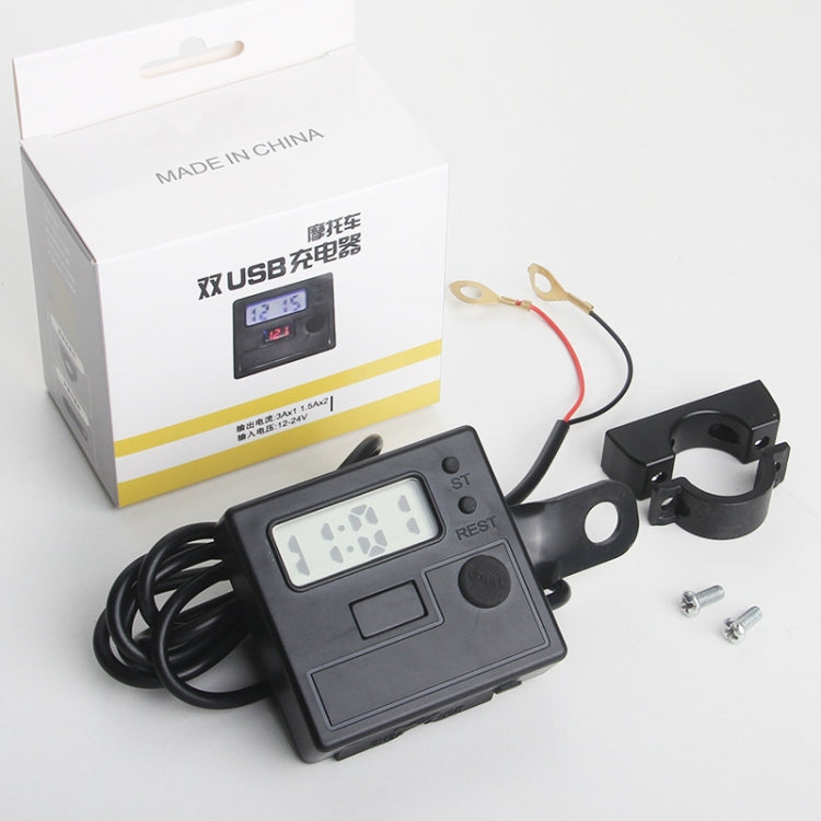 Motorcycle Clock Digital Display Dual USB Phone Charger Water-resistant 5V 3A Fast Charge(Black)