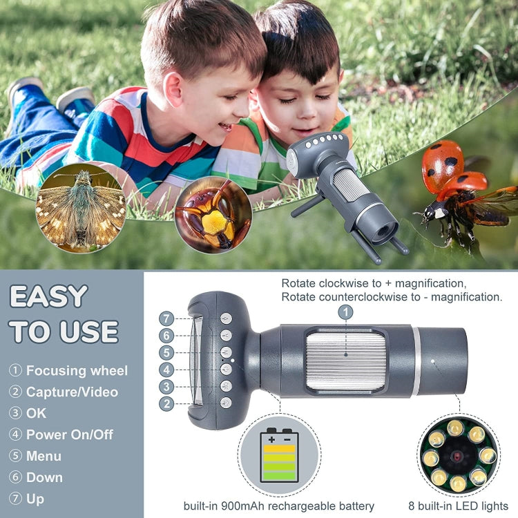 Children Camera Microscope USB Electronic Microscope Digital Magnifying Glass(Silver Gray)