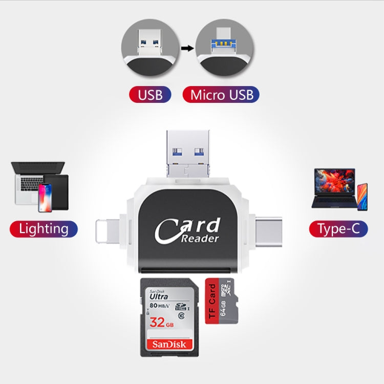 R015 USB2.0 & Micro USB+8Pin+Type-C 4 In 1 Card Reader Supports SD/TF Card(Black)