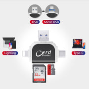 R015 USB2.0 & Micro USB+8Pin+Type-C 4 In 1 Card Reader Supports SD/TF Card(Black)