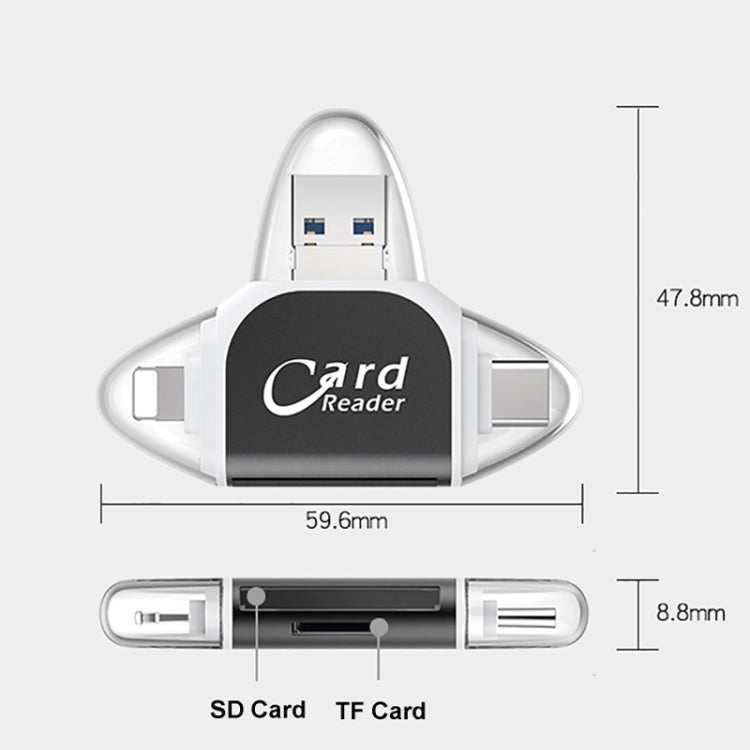 R015 USB2.0 & Micro USB+8Pin+Type-C 4 In 1 Card Reader Supports SD/TF Card(Black)