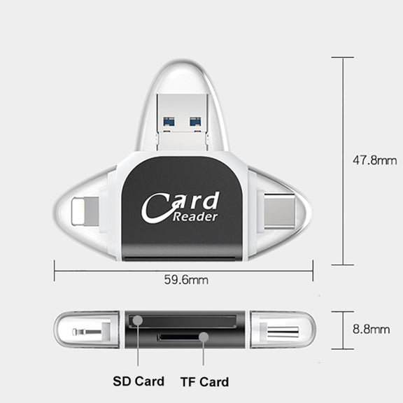 R015 USB2.0 & Micro USB+8Pin+Type-C 4 In 1 Card Reader Supports SD/TF Card(Black)