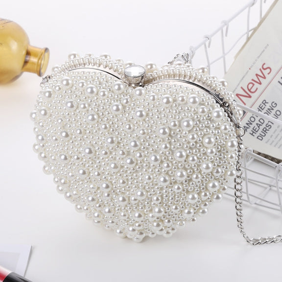 Pearl Evening Bag Ladies Heart Shaped Clutch Single Chain Crossbody Bag(White)
