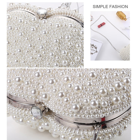 Pearl Evening Bag Ladies Heart Shaped Clutch Single Chain Crossbody Bag(White)