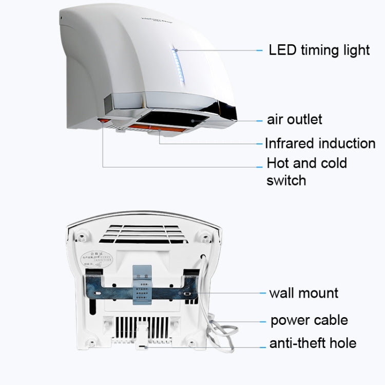 Interhasa  220V 1800W Hot and Cold Switching Electric Hand Dryer,Model: A1002 White,CN Plug