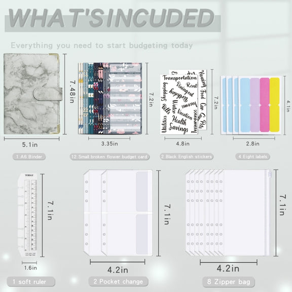 A6 Binder Budget Book Marbled Notebook PU Leather Binder(Gray)
