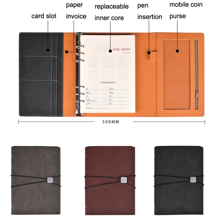 A5 Business Loose-leaf Notebook Office Stationery Leather PU Notepad(Deep Gray)