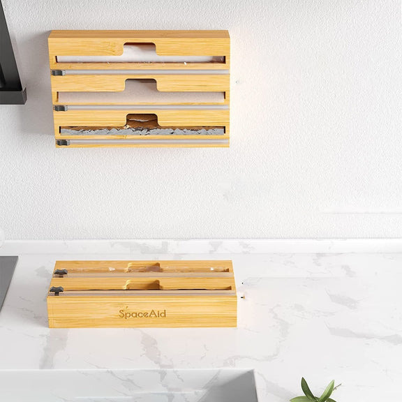 Aluminum Foil Wrap Dispenser Wood Storage Box for Kitchen Drawer,Style: Three Slots