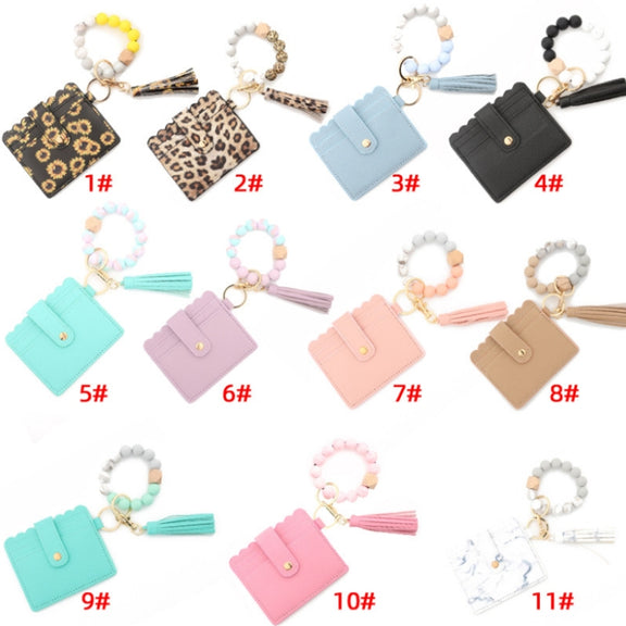 PU Tassel Silicone Bead Bracelet Wallet With Keychain, Color: Marble