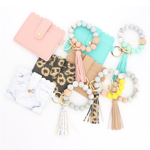 PU Tassel Silicone Bead Bracelet Wallet With Keychain, Color: Marble