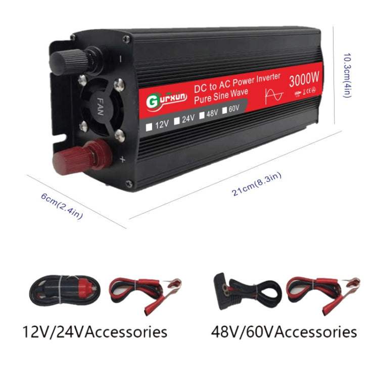 Gurxun Sine Wave Inverter 3000W 12/24/48/60V To 220V Car Boost Converter, Specification: 60V-220V