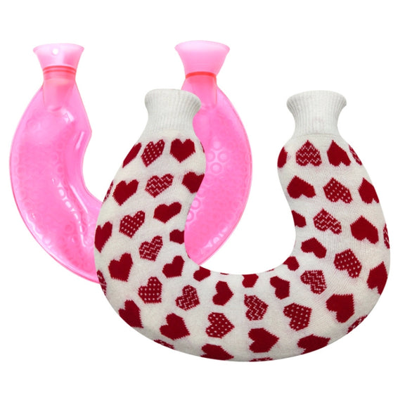 U-shaped PVC Hot Compress Shoulder And Neck Explosion-proof Water Injection Hot Water Bag(Rose Red + White Love Knitted)