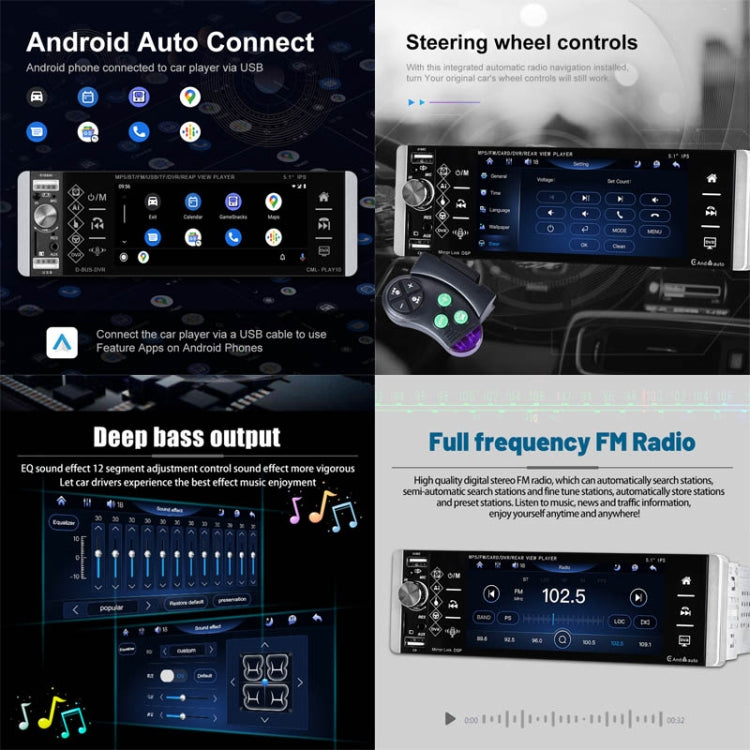 A2905 5.1 inch IPS Capacitive Screen Single Butt Carplay Player, Style: Standard+8 Light Camera