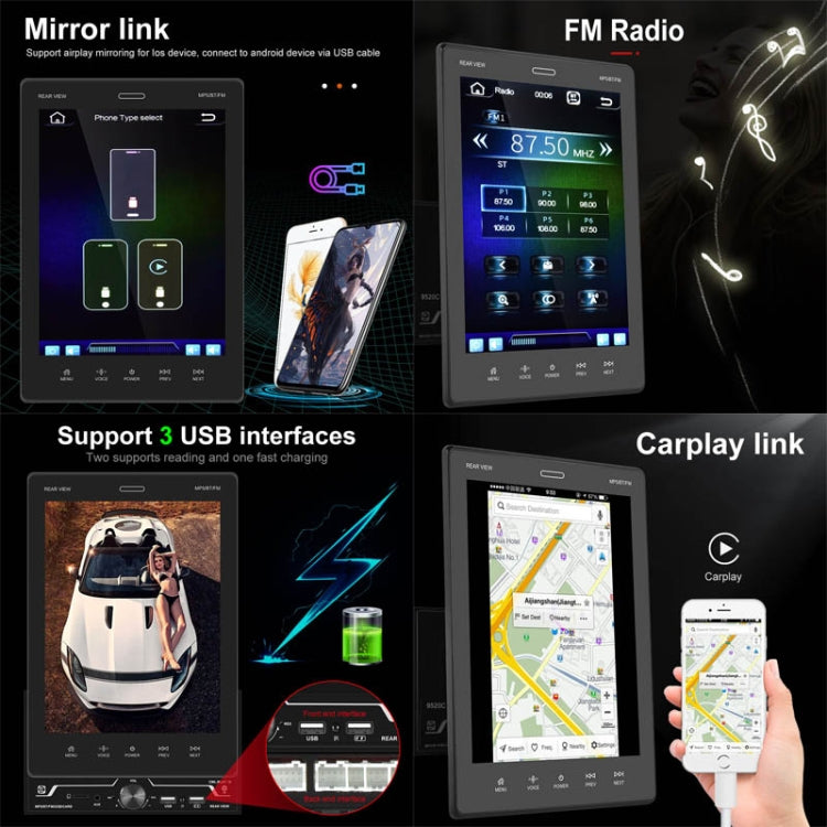 9520C Double Spindle 9.5 inch Vertical Screen Car MP5 Player, Style: Standard+8 Light Camera