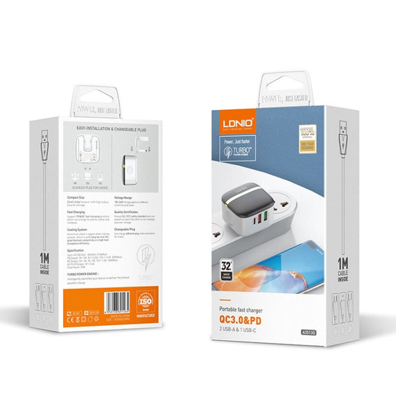 LDNIO A3513Q 32W QC3.0 3 USB Ports Phone Adapter EU Plug with Type-C Cable