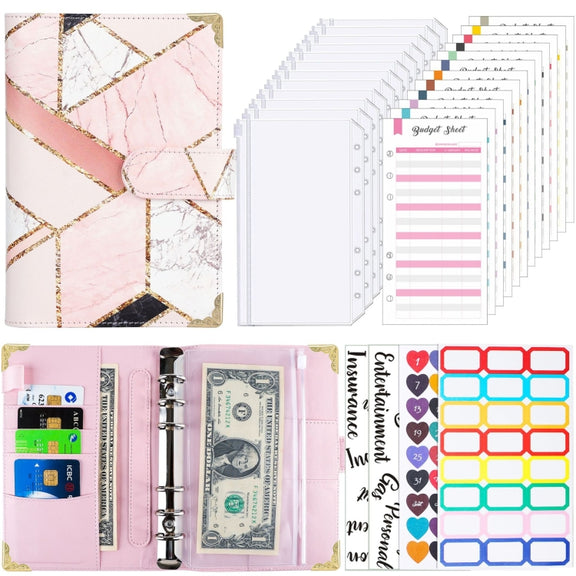 A6 Leather Loose-leaf Budget Book Handbook Notepad(Marbled-Pink)