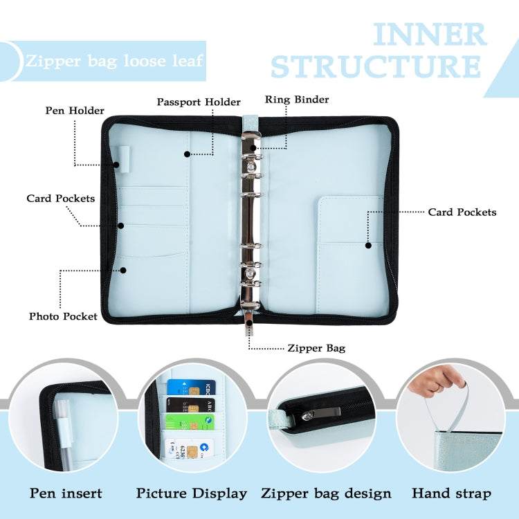 A6 Handheld Zipper Bag Type Large Capacity Cash Budget Book Handbook(Black Gray)