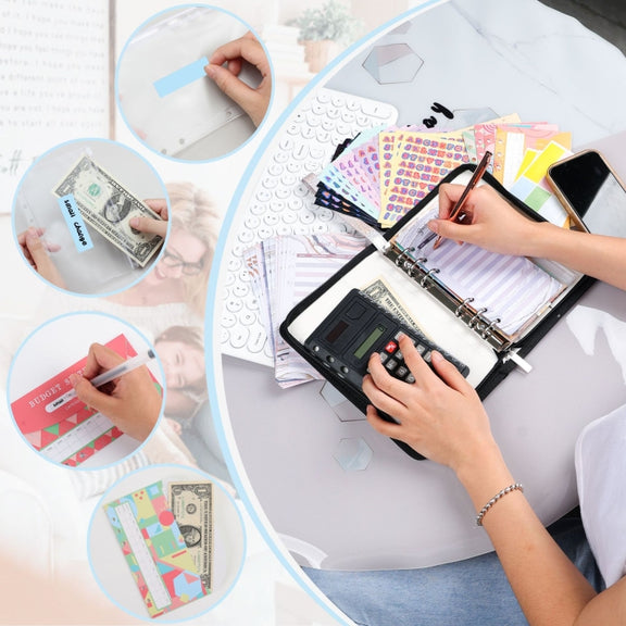 A6 Handheld Zipper Bag Type Large Capacity Cash Budget Book Handbook(Black Gray)
