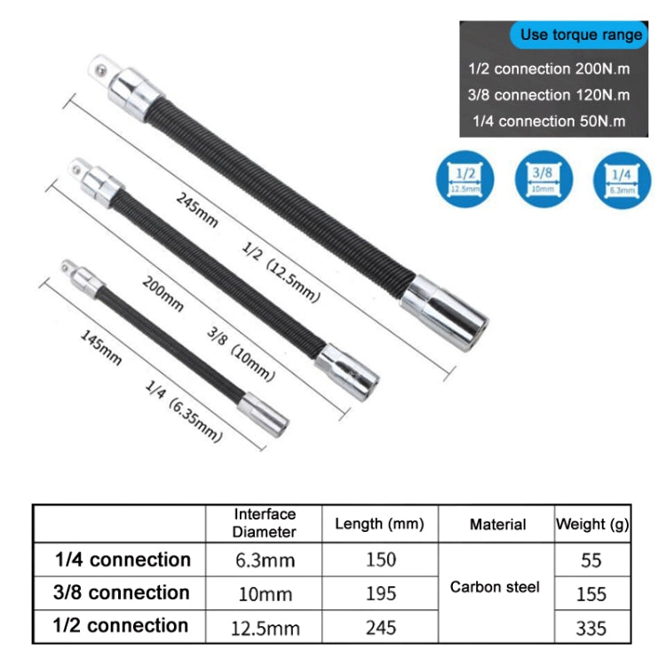 3 PCS/Set 1/4-3/8-1/2 Sleeve Extension Bendable Universal Joint Rod, Color: Black