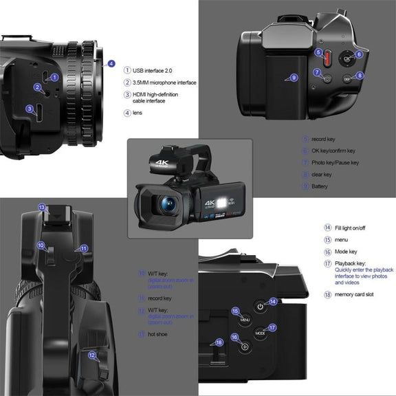 64MP 18X Zoom 4-Inch Touch Screen Handheld Digital Video Camera(16G)