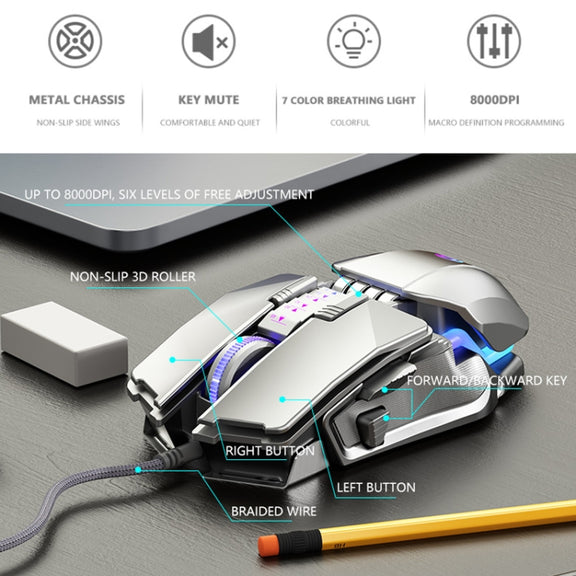 Dark Alien V710 7 Keys Metal Office Wired Glowing Mouse, Cable Length: 1.78m(Black)