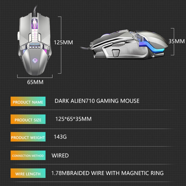 Dark Alien V710 7 Keys Metal Office Wired Glowing Mouse, Cable Length: 1.78m(Black)