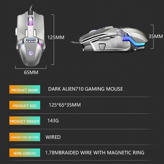 Dark Alien V710 7 Keys Metal Office Wired Glowing Mouse, Cable Length: 1.78m(Black)