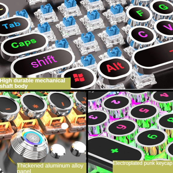 K820 104 Keys Retro Punk Plating Knob Glowing Wired Green Shaft Keyboard, Cable Length: 1.6m, Style: White Light (Blue)