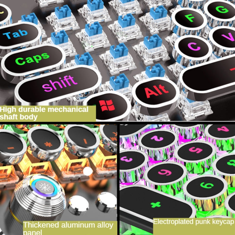 K820 104 Keys Retro Punk Plating Knob Glowing Wired Green Shaft Keyboard, Cable Length: 1.6m, Style: Square (Black)