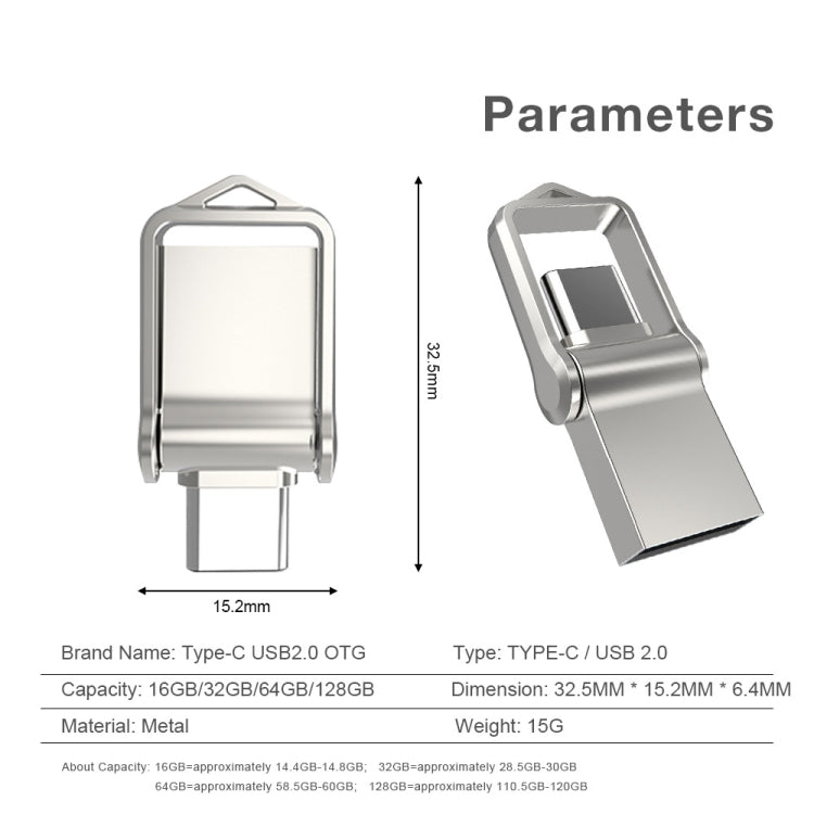 128GB USB 2.0 + Type-C/USB-C High Speed Mini Computer and Phone Dual-purpose Rotary U Disk(Silver)
