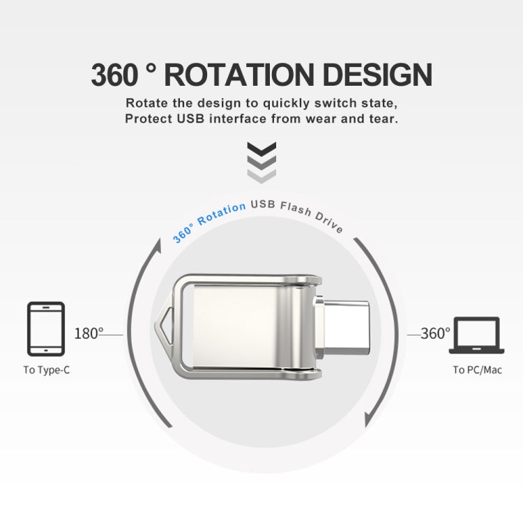 128GB USB 2.0 + Type-C/USB-C High Speed Mini Computer and Phone Dual-purpose Rotary U Disk(Black)