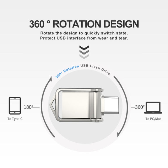 128GB USB 2.0 + Type-C/USB-C High Speed Mini Computer and Phone Dual-purpose Rotary U Disk(Black)