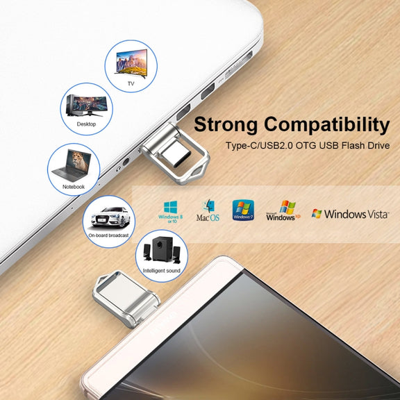 128GB USB 2.0 + Type-C/USB-C High Speed Mini Computer and Phone Dual-purpose Rotary U Disk(Black)