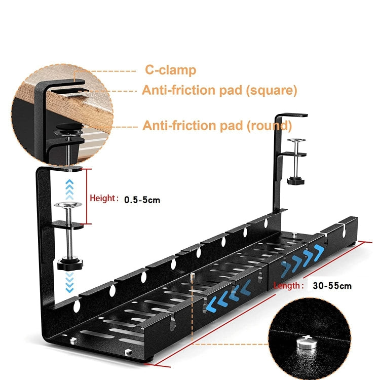 Stretchable Under Desk Cable Management Tray Carbon Steel Cable Organizer Cable Storage Rack(Black)