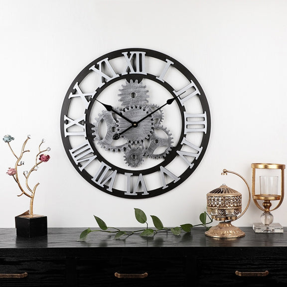 Vintage Wooden Round Gear Silent Wall Clock Rome Number  58cm  6 Gears  Silver