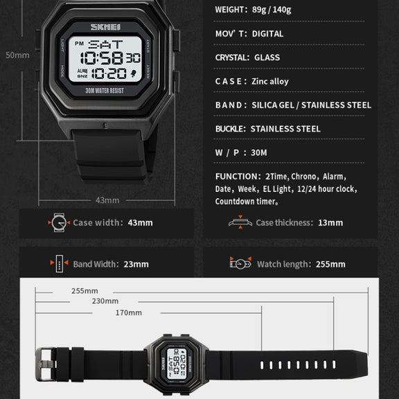 SKMEI 1875 Men Outdoor Electronic Watch Timing Multi-Functional Watch, Style: Silicone Band Black Machine