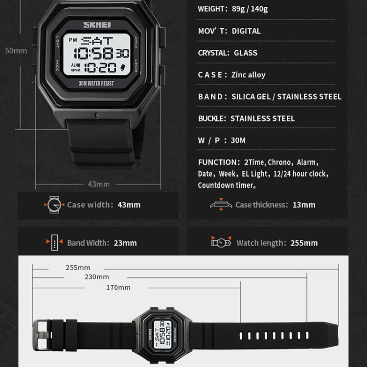 SKMEI 1875 Men Outdoor Electronic Watch Timing Multi-Functional Watch, Style: Silicone Band Black Machine